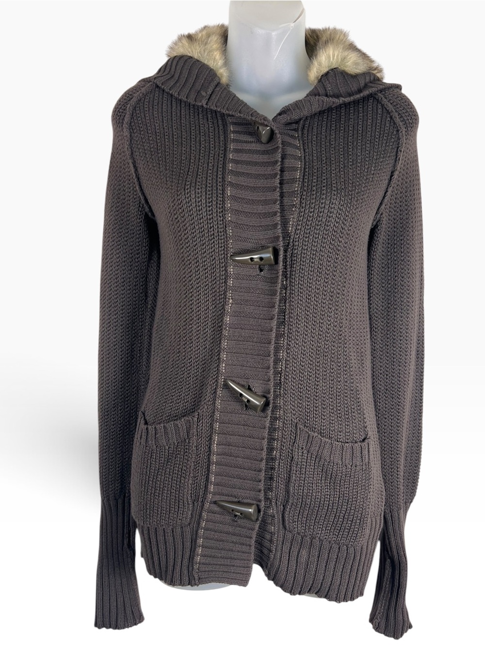Y2K Mossimo Faux Fur Hood Toggle Cardigan Sweater XS Brown Indie Sleeze Grunge